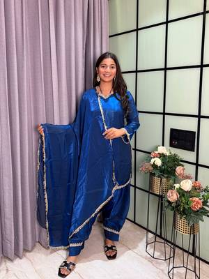 teal color mirror and moti embellished lace border silk blend kurti pant set 3