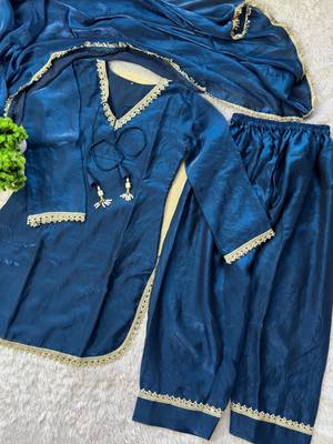 teal color mirror and moti embellished lace border silk blend kurti pant set 5