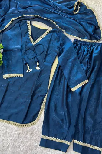 teal color mirror and moti embellished lace border silk blend kurti pant set