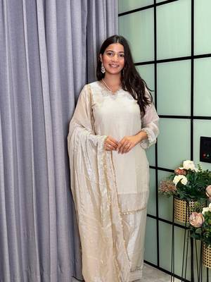 white color mirror and moti embellished lace border silk blend kurti pant set 1