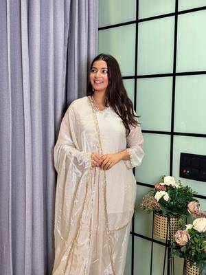 white color mirror and moti embellished lace border silk blend kurti pant set 2