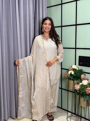 white color mirror and moti embellished lace border silk blend kurti pant set 3
