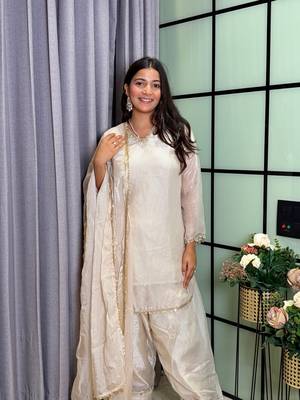 white color mirror and moti embellished lace border silk blend kurti pant set 4