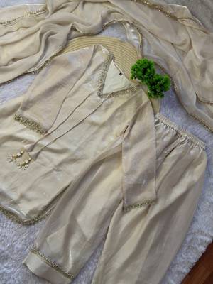 white color mirror and moti embellished lace border silk blend kurti pant set 5