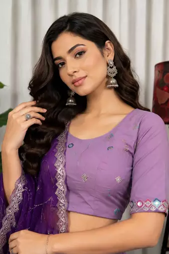Lavender Color Embroidery malti Thred work and sequins work. And Aari mirror work Silk Blend Lahenga Choli Set