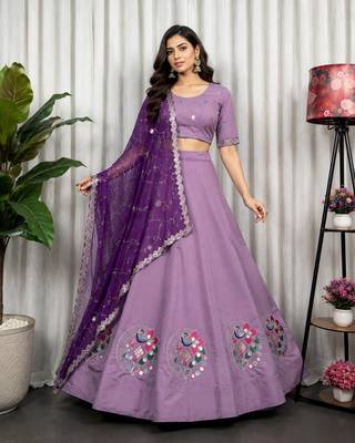 Lavender Color Embroidery malti Thred work and sequins work. And Aari mirror work Silk Blend Lahenga Choli Set 1