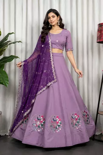 Lavender Color Embroidery malti Thred work and sequins work. And Aari mirror work Silk Blend Lahenga Choli Set