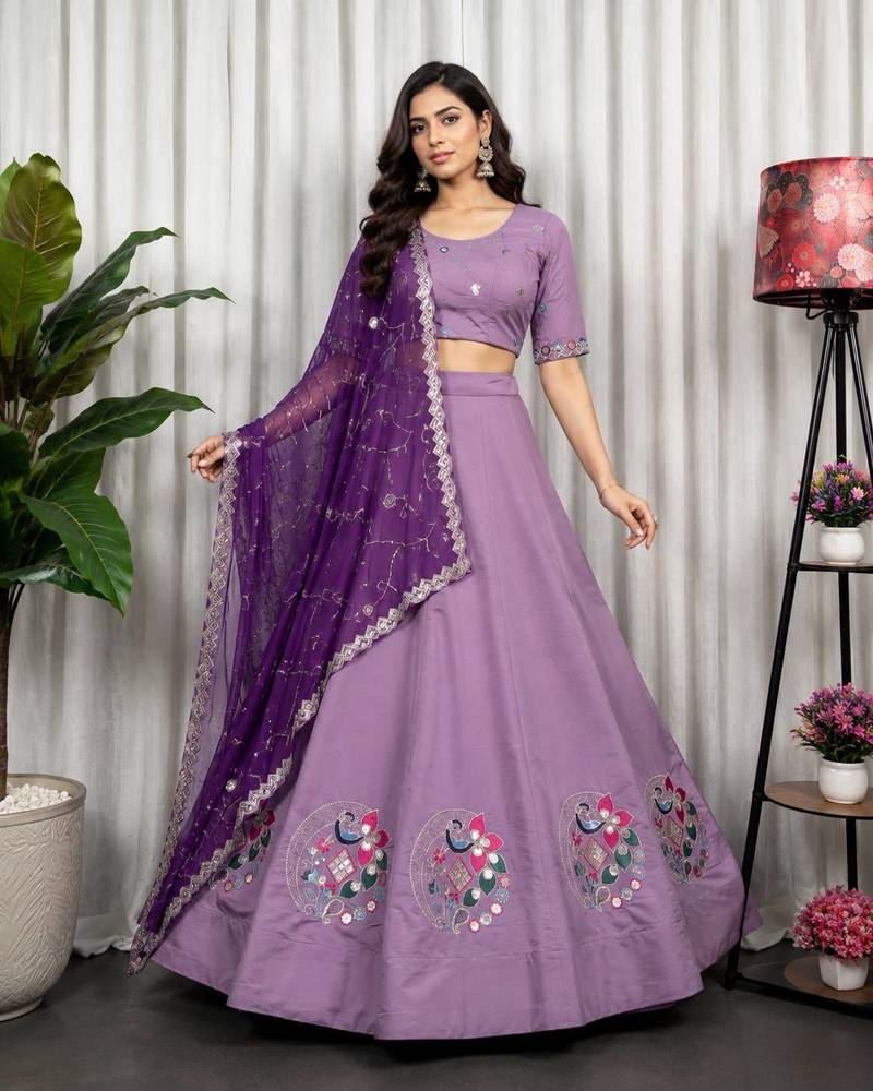 Lavender Color Embroidery malti Thred work and sequins work. And Aari mirror work Silk Blend Lahenga Choli Set