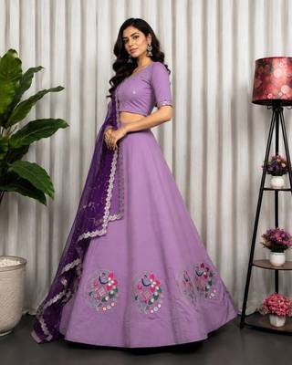 Lavender Color Embroidery malti Thred work and sequins work. And Aari mirror work Silk Blend Lahenga Choli Set 3