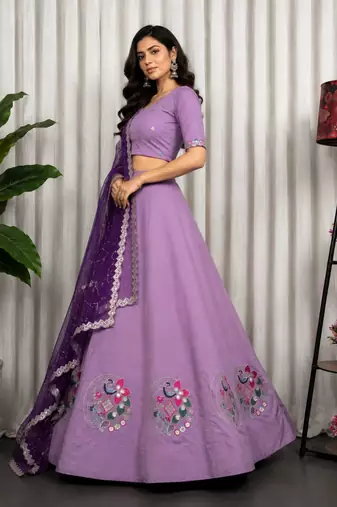 Lavender Color Embroidery malti Thred work and sequins work. And Aari mirror work Silk Blend Lahenga Choli Set