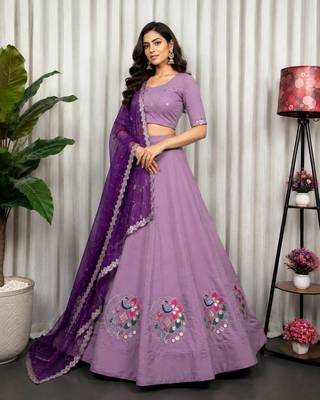 Lavender Color Embroidery malti Thred work and sequins work. And Aari mirror work Silk Blend Lahenga Choli Set 4