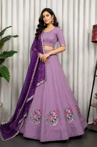 Lavender Color Embroidery malti Thred work and sequins work. And Aari mirror work Silk Blend Lahenga Choli Set