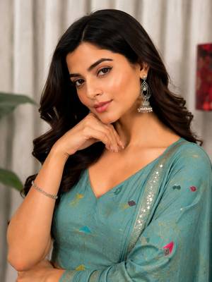 Sea Green Embroidery malti thread and sequins And Aari mirror Silk Blend Lahenga Choli Set 2