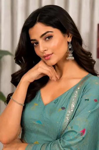 Sea Green Embroidery malti thread and sequins And Aari mirror Silk Blend Lahenga Choli Set