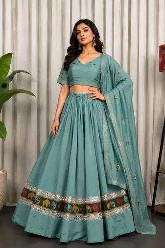 Sea Green Embroidery malti thread and sequins And Aari mirror Silk Blend Lahenga Choli Set