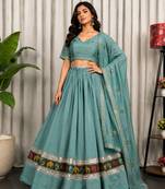 Sea Green Embroidery malti thread and sequins And Aari mirror Silk Blend Lahenga Choli Set
