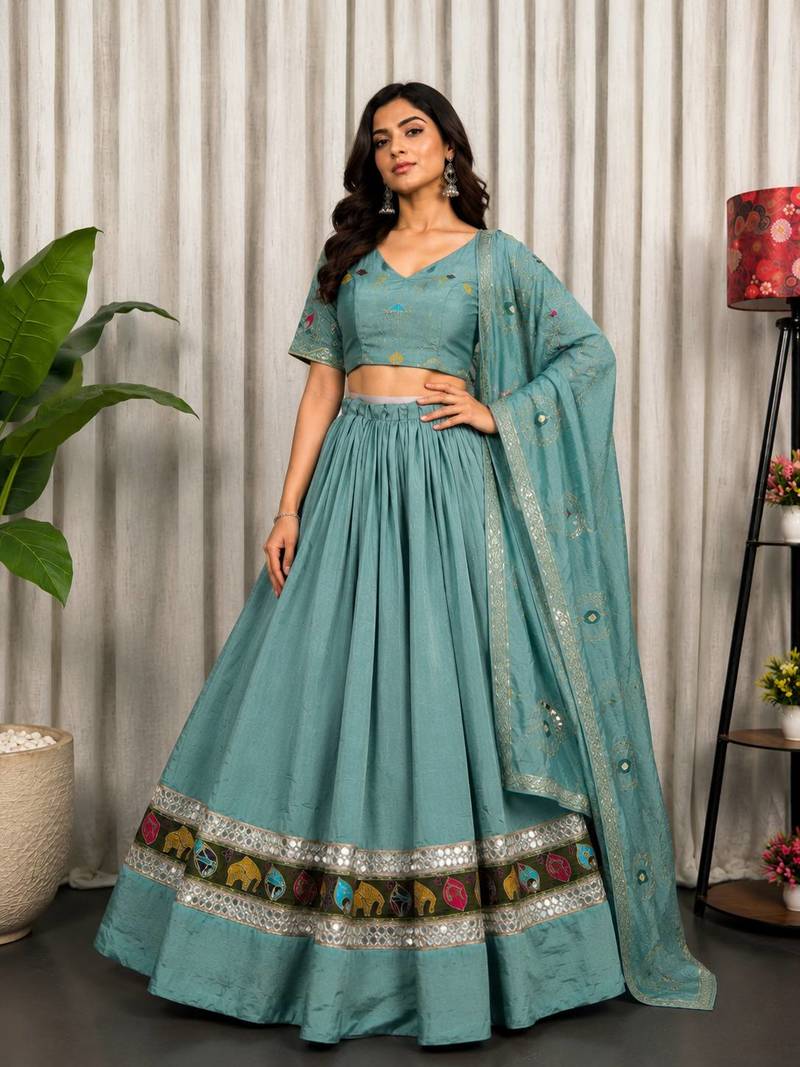 Sea Green Embroidery malti thread and sequins And Aari mirror Silk Blend Lahenga Choli Set