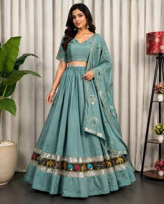 Sea Green Embroidery malti thread and sequins And Aari mirror Silk Blend Lahenga Choli Set 3