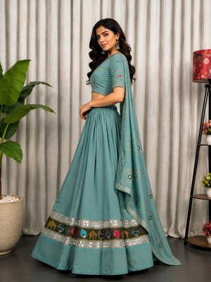 Sea Green Embroidery malti thread and sequins And Aari mirror Silk Blend Lahenga Choli Set 4