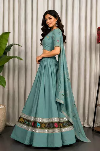 Sea Green Embroidery malti thread and sequins And Aari mirror Silk Blend Lahenga Choli Set