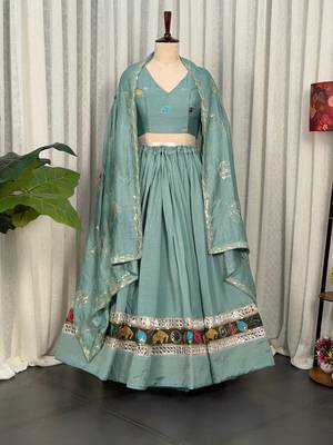 Sea Green Embroidery malti thread and sequins And Aari mirror Silk Blend Lahenga Choli Set 5