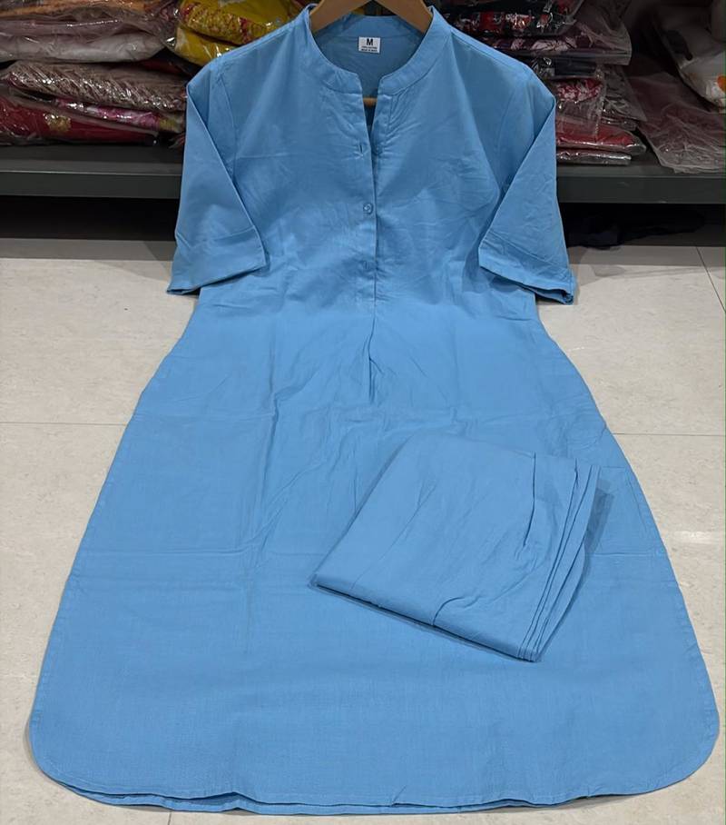 Women's Solid Teal Kurta and Pants Set with Mandarin Collar