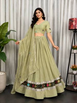 Light Green Embroidery malti thread and sequins And Aari mirror Silk Blend Lahenga Choli Set 2