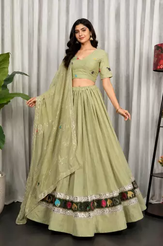 Light Green Embroidery malti thread and sequins And Aari mirror Silk Blend Lahenga Choli Set