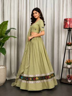 Light Green Embroidery malti thread and sequins And Aari mirror Silk Blend Lahenga Choli Set 3
