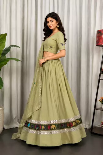 Light Green Embroidery malti thread and sequins And Aari mirror Silk Blend Lahenga Choli Set