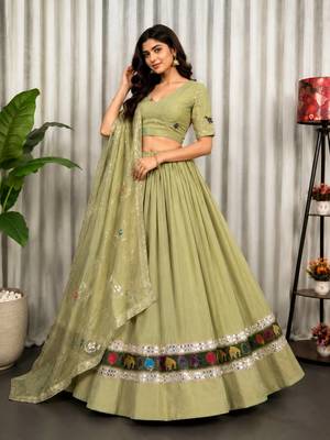 Light Green Embroidery malti thread and sequins And Aari mirror Silk Blend Lahenga Choli Set 4