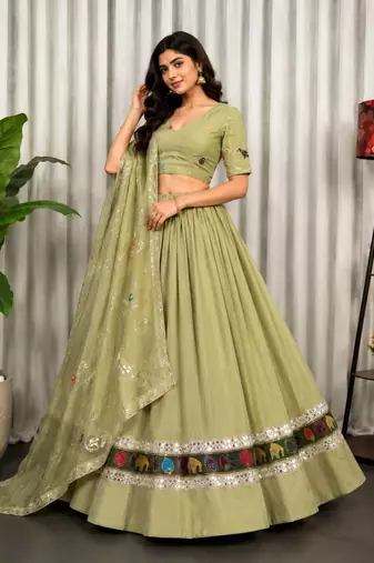Light Green Embroidery malti thread and sequins And Aari mirror Silk Blend Lahenga Choli Set