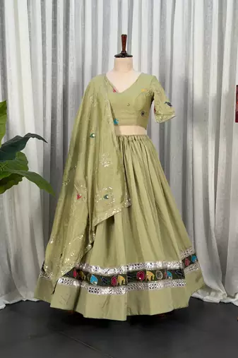 Light Green Embroidery malti thread and sequins And Aari mirror Silk Blend Lahenga Choli Set