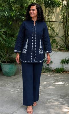 Women's Navy Blue Cotton Embroidered Kurta and Pants Co-ord Set 1