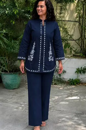 Women's Navy Blue Cotton Embroidered Kurta and Pants Co-ord Set
