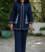 Women's Navy Blue Cotton Embroidered Kurta and Pants Co-ord Set