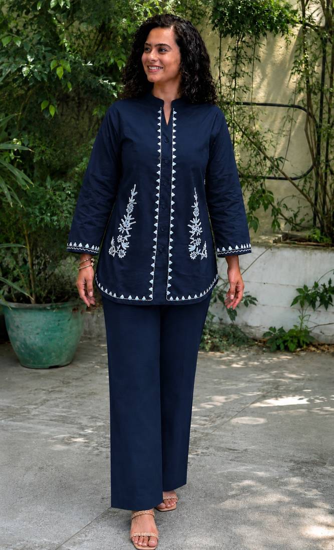 Women's Navy Blue Cotton Embroidered Kurta and Pants Co-ord Set
