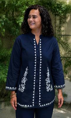 Women's Navy Blue Cotton Embroidered Kurta and Pants Co-ord Set 2
