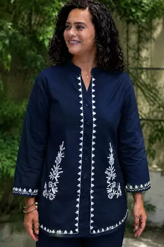 Women's Navy Blue Cotton Embroidered Kurta and Pants Co-ord Set