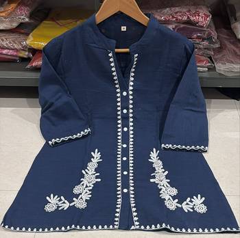 Women's Navy Blue Cotton Embroidered Kurta and Pants Co-ord Set 3
