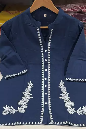 Women's Navy Blue Cotton Embroidered Kurta and Pants Co-ord Set