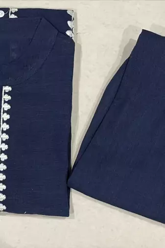 Women's Navy Blue Cotton Embroidered Kurta and Pants Co-ord Set