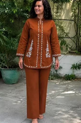 Women's Rust Cotton Embroidered Kurta and Pants Co-ord Set