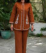 Women's Rust Cotton Embroidered Kurta and Pants Co-ord Set
