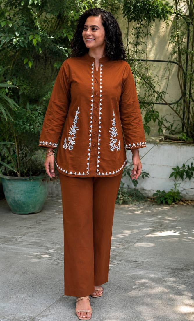 Women's Rust Cotton Embroidered Kurta and Pants Co-ord Set
