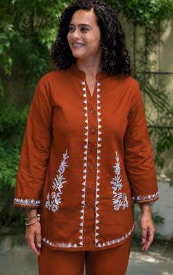 Women's Rust Cotton Embroidered Kurta and Pants Co-ord Set 2