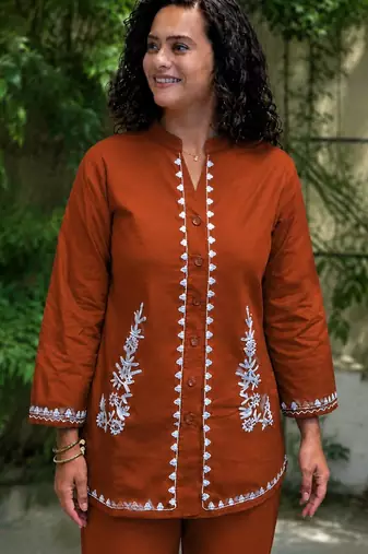 Women's Rust Cotton Embroidered Kurta and Pants Co-ord Set