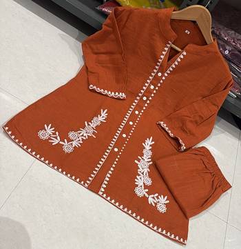 Women's Rust Cotton Embroidered Kurta and Pants Co-ord Set 3