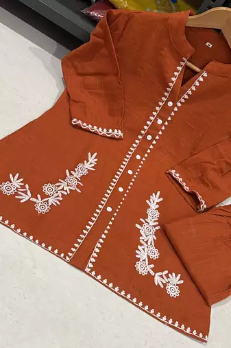 Women's Rust Cotton Embroidered Kurta and Pants Co-ord Set