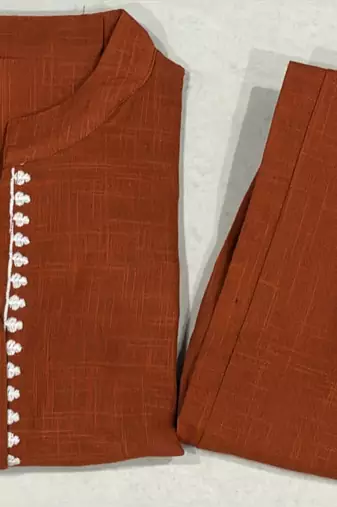 Women's Rust Cotton Embroidered Kurta and Pants Co-ord Set
